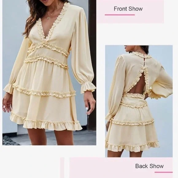 Beige Deep V Neck Ruffle Long Sleeve Floral Print Mini Dress Size XL - Picture 3 of 13